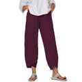 Deep purple cotton linen wide leg cropped trousers with tulip hem and loose fit - Purple