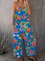 Women's blue V-neck jumpsuit with floral phoenix print and pockets for summer vacation - S / Blue