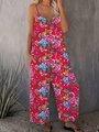 Women's V-neck wide-leg jumpsuit with vibrant floral print and bohemian summer style - Rose Red
