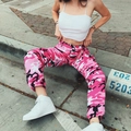 Pink camouflage cargo jogger pants for women with trendy streetwear elastic cuffs - S / Bottoms / Pink