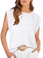 Detail of white sleeveless padded shoulder T-shirt featuring a crew neck and loose fit style - 2XL / White
