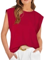 Women's dark red sleeveless muscle tee with shoulder pads and a crew neck style - 2XL / Red