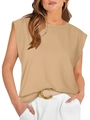 Khaki sleeveless muscle T-shirt with padded shoulders on a model for women - 2XL / Khaki