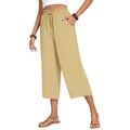 Women's high waist linen wide leg pants in khaki with elastic drawstring waist - S / Bottoms / Capri Pants / Khaki