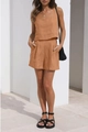 Women's two-piece casual linen set with sleeveless crop top and shorts in ochre color - 2XL / Brown