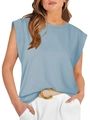 Detail view of light blue sleeveless shirt with padded shoulders and crew neck finish - 2XL / Sky Blue