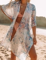 Détail du cache-maillot de plage à fleurs bohème en tissu léger et transparent - Taille unique / Blanc Fleuri