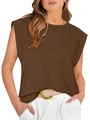 Detail view of deep brown sleeveless T-shirt with padded shoulders and crew neck design - 2XL / Dark Brown
