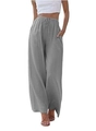 Dettaglio dei pantaloni larghi in lino grigio con vita elastica a coulisse e tasche laterali - S / Grigio chiaro
