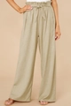 Women's high waist cotton linen wide leg trousers in khaki beige with tie-up belt - Khaki