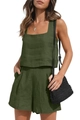 Women's two-piece olive green linen set with square neck tank top and high-waist shorts - 2XL / Army Green