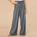 Women's high waist wide leg cotton linen trousers in grey with paperbag waist and belt - Gray