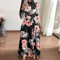 Elegantes schwarzes Langarm-Maxikleid mit Blumenmuster in Rosa und Lila und Bindegürtel - S / Langarm / Schwarz