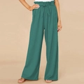 Women's high waist cotton linen wide leg trousers in dark teal with waist tie - Green