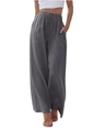 Dettaglio dei pantaloni larghi in lino grigio scuro con coulisse elastica e tasche laterali - S / grigio scuro