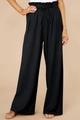 Women's black paperbag waist wide-leg linen pants with adjustable self-tie belt - Black