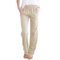 Pantalon large femme en coton et lin beige avec cordon de serrage et coupe ample - S / Abricot