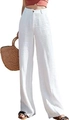 Pantaloni larghi bianchi in lino a vita alta da donna con bottone elegante - 2XL / Bianco