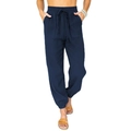 Women's navy blue high waist joggers with drawstring and pockets in cotton linen fabric - S / Navy Blue