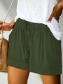 Army green casual high-waisted shorts with drawstring and wide-leg design in cotton linen - S / Green