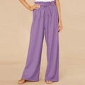 Women's purple high waist paperbag wide leg linen pants with matching tie belt - Purple