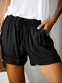 Women's casual high-waisted black shorts with drawstring and large utility pockets - S / Black