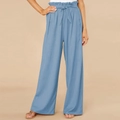 Women's light blue high waisted wide leg cotton linen trousers with self-tie paperbag waist - Light Blue