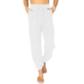 Women's white casual joggers with drawstring high waist and elastic cuffs in cotton linen - S / White