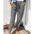 Women's leopard print casual joggers with drawstring elastic waist and side pockets - S / Gray