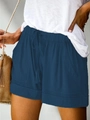 Women's high waist casual shorts in navy blue with elastic drawstring and side pockets - S / Blue