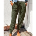 Women's olive green leopard print joggers with drawstring waist and loose fit style - S / Green