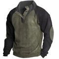 Detailansicht eines khakifarbenen Henley-Strickshirts mit farblich abgesetzten Ärmeln - Grün