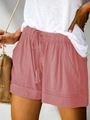 Women's summer casual high-waisted shorts in coral pink with drawstring and large square pockets - S / Pink