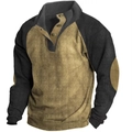 Détail d'un haut Henley pour homme avec texture en velours côtelé et coudières contrastées - S / Hauts / Kaki