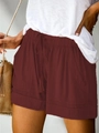 Women's summer high-waist loose drawstring shorts in brick red with large utility pockets - S / Burgundy