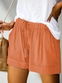 Women's summer loose orange cotton linen shorts with elastic waist and drawstrings - S / Orange