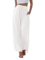 Pantaloni bianchi larghi in lino da donna con vita alta, coulisse e tasche laterali - S / Bianco