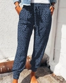 Women's leopard print joggers in navy blue with drawstring waist and elastic cuffs - S / Blue