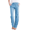 Women's light blue cotton linen wide leg trousers with drawstring elastic waist - Light Blue
