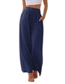 Pantaloni da donna larghi in lino blu scuro a vita alta con coulisse e tasche laterali - S / Blu navy