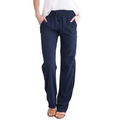 Women's navy blue cotton linen wide leg trousers with drawstring waist and side pockets - Navy Blue