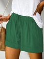 Women's dark green casual high-waisted shorts with drawstring and side pockets - S / Lake Green