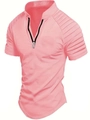 Close-up of pink men's polo shirt featuring V-neck zipper and pleated sleeve details - S / Pink