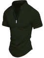 Detail of dark green polo shirt featuring a quarter zip collar and pleated sleeves - S / Army Green