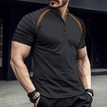 Men's slim fit black polo shirt with brown leather-look trim and raglan sleeves - S / Gray