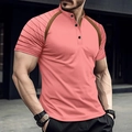 Men's slim fit salmon pink Polo shirt with striped sleeves and leather shoulder accents - S / Pink