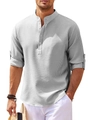 Detail of grey waffle knit henley shirt with stand collar and buttoned sleeve tabs - S / Tops / Light Gray