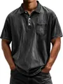 Men's dark gray acid wash cotton short sleeve polo shirt with chest pocket - Black