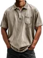 Men's vintage washed cotton polo shirt with short sleeves and front pocket in brown - Khaki
