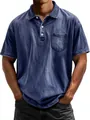 Detail of blue vintage washed cotton polo shirt featuring chest pocket and white buttons - Navy Blue